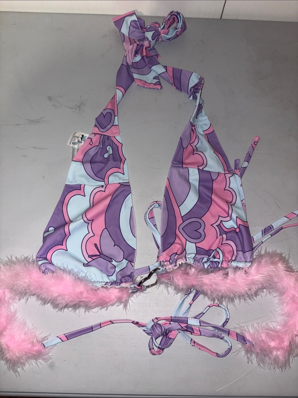 #112 SMALL NEW  Pink & Purple Heart-Print HALTER Top with Feather Trim